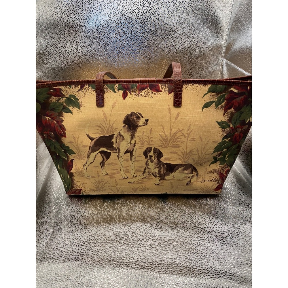 Talbots Tote Bag Canvas Hunting Dog Print Brown Croc Embossed Leather Trim Large